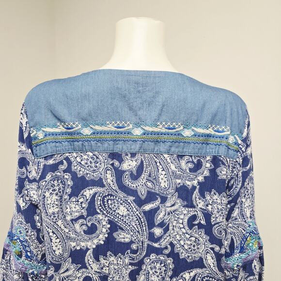 Caleaas Top Blouse Size XL Embroidered Bohemian 3/4 Sleeve Gauze Paisley Boho - Picture 6 of 8